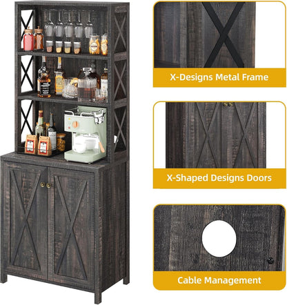 67" Tall Wine Bar Cabinet for Liquor and Glasses, Farmhouse Kitchen